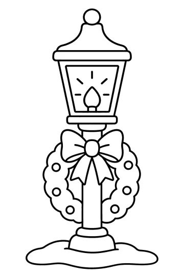 Dibujo para colorear de una farola navideña con luz, corona, lazo y nieve en la base