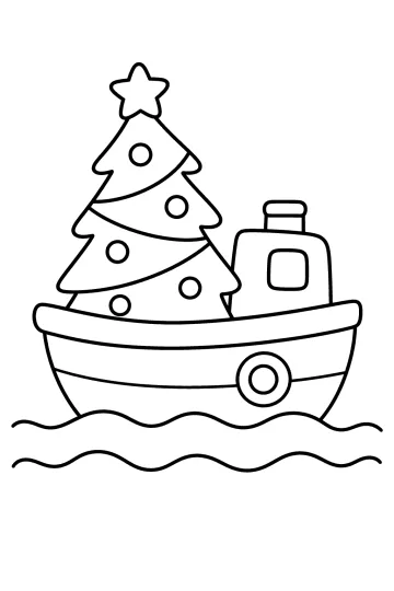 Disegno da colorare di una barca con albero di Natale decorato e stella, sopra le onde