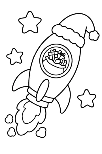 Disegno da colorare di un razzo con cappello di Babbo Natale, regali nell'oblò, stelle e nuvole.