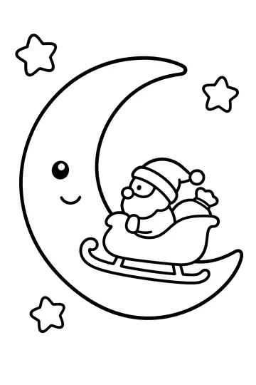 Disegno da colorare di Babbo Natale sulla slitta davanti a una luna sorridente con stelle.