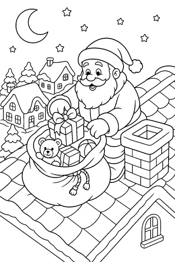 Babbo Natale sul tetto accanto al camino con un sacco di regali, luna, stelle e case innevate sullo sfondo