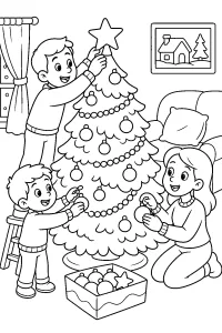 Familie schmückt den Weihnachtsbaum malvorlage kostenlos PDF