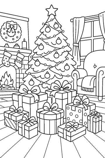 Albero di Natale decorato con regali davanti al camino in un salotto