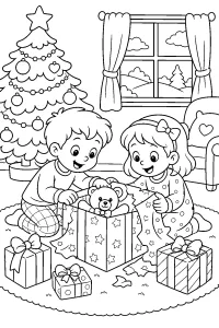 Bambini aprono un regalo di Natale disegno da colorare PDF gratis