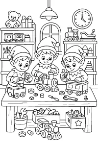 Elfi che costruiscono trenini disegno da colorare PDF gratis