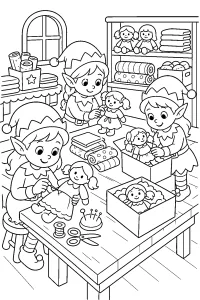 Elfi che preparano bambole di Natale disegno da colorare PDF gratis