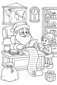Babbo Natale controlla la lista con un elfo disegno da colorare PDF gratis