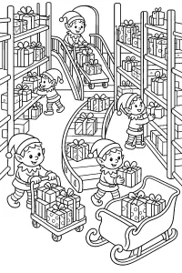 Elfi nel magazzino dei regali disegno da colorare PDF gratis