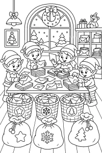 Elfi che ordinano la posta di Natale disegno da colorare PDF gratis