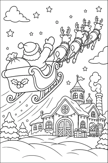 Santa in a sleigh pulled by reindeer flying above a snowy village with presents, houses, and stars.