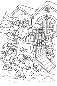 Babbo Natale e gli elfi caricano la slitta disegno da colorare PDF gratis