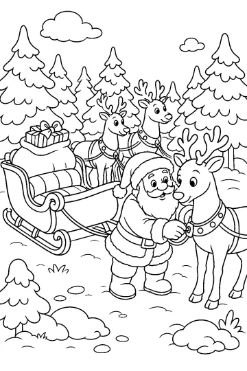 Babbo Natale con una renna, altre renne e una slitta in un bosco innevato