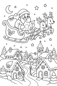 Babbo Natale in slitta sul villaggio innevato disegno da colorare PDF gratis