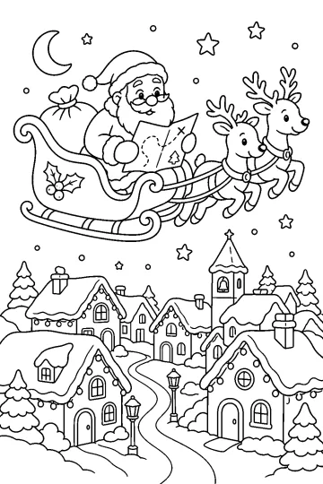 Babbo Natale su una slitta trainata da renne sopra un villaggio innevato con luna e stelle