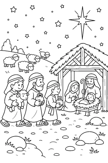 Shepherds carrying a lamb arrive at Jesus’ stable beneath a starry sky, with sheep on a hill.