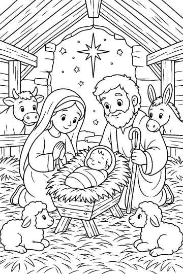 Nativity coloring page with Mary, Joseph, Baby Jesus, a cow, donkey and sheep in a stable