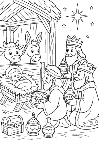 Re Magi davanti al Bambino Gesù disegno da colorare PDF gratis
