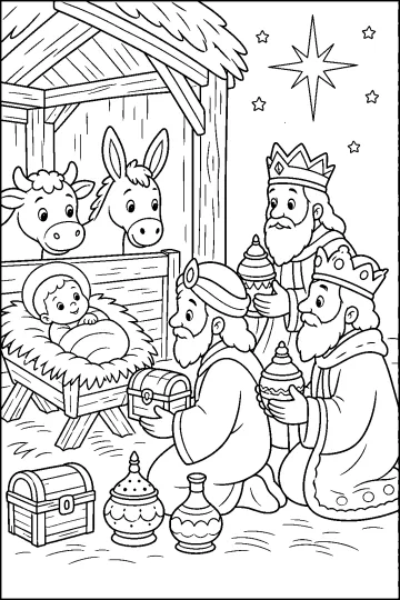 Rois mages portant des cadeaux devant l'Enfant Jésus dans une crèche, avec une vache, un âne et une étoile