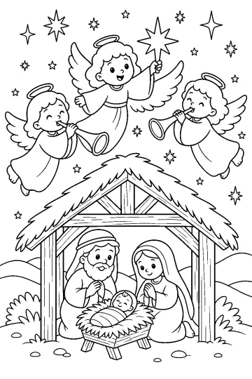 Angeli con strumenti e una grande stella sopra il presepe con Maria, Giuseppe e Gesù Bambino