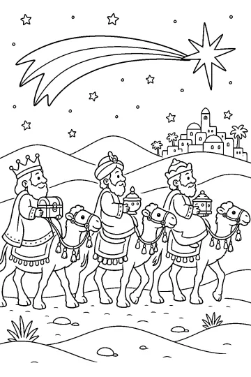 Tres Reyes Magos sobre camellos siguen un gran cometa sobre colinas y una ciudad