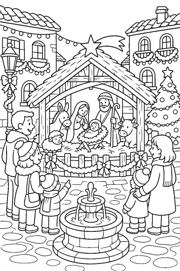 Presepe natalizio in una piazza con famiglie, fontana, albero decorato e animali nella capanna