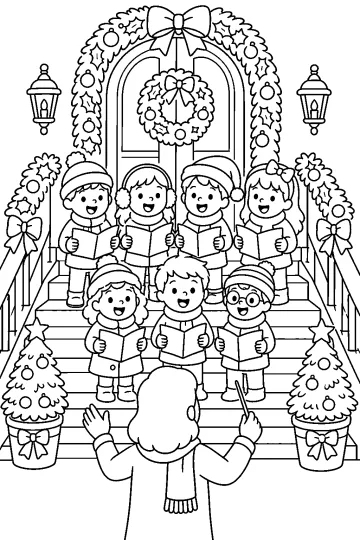 Chœur d'enfants tenant des partitions sur des marches devant une entrée de Noël, dirigé par un adulte