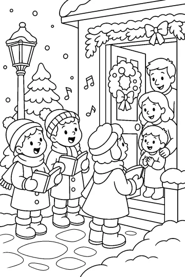 Bambini con libri di musica e un campanello cantano davanti a una porta natalizia con ghirlanda.
