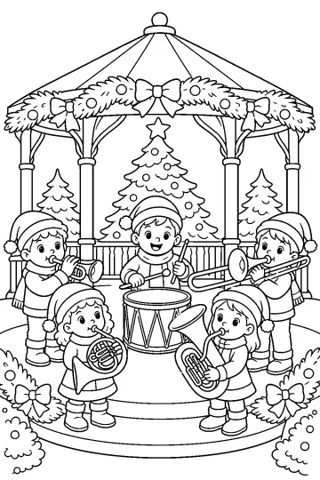 Niños con instrumentos de viento y tambor ante un quiosco navideño decorado con guirnaldas, lazos y árboles.