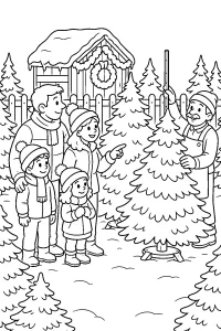 Familie wählt einen Weihnachtsbaum malvorlage kostenlos PDF