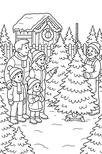 Famille avec des enfants dans une pépinière de sapins de Noël, tandis qu'un vendeur tient un sapin près d'une clôture et d'une cabane.