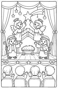 Recita di Natale con angeli e pastori disegno da colorare PDF gratis