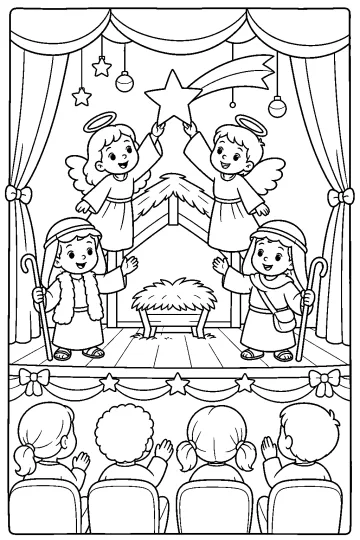 Niños vestidos de ángeles y pastores en una obra de Navidad sobre un escenario ante el público