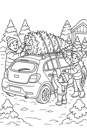 Famiglia che lega un albero di Natale sul tetto di un'auto nella neve