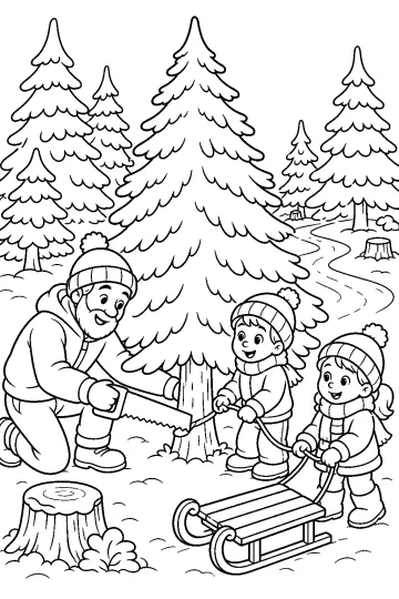 Familie in het bos met een volwassene die een grote spar zaagt en twee kinderen bij een slee