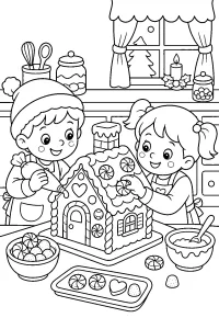 Bambini decorano una casetta di pan di zenzero disegno da colorare PDF gratis