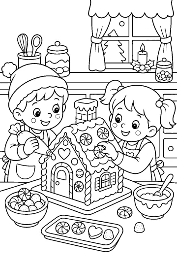 Dos niños decorando una casa de jengibre con caramelos y glaseado sobre una mesa