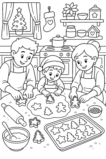 Family with a child making Christmas cookies at a kitchen table
