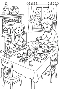 Bambini apparecchiano la tavola di Natale disegno da colorare PDF gratis