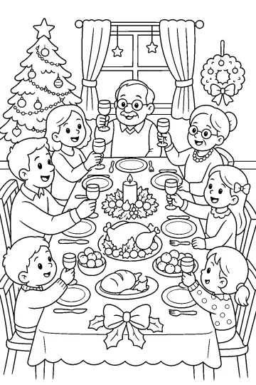 Familia reunida alrededor de una mesa navideña con copas, árbol decorado y corona en la pared