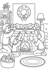 Famiglia che decora il camino per Natale disegno da colorare PDF gratis
