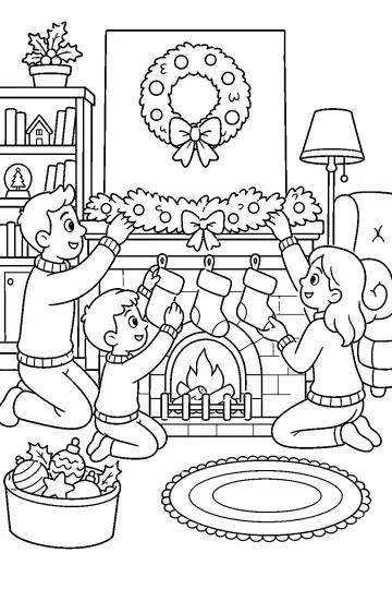 Famiglia inginocchiata davanti al camino mentre sistema una ghirlanda e decorazioni natalizie