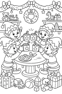 Elfi natalizi con tazze e biscotti disegno da colorare PDF gratis
