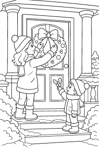 Corona navideña en la puerta dibujo para colorear PDF gratis
