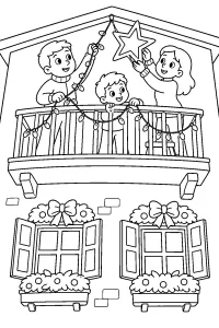 Familia decorando el balcón con luces y estrella dibujo para colorear PDF gratis