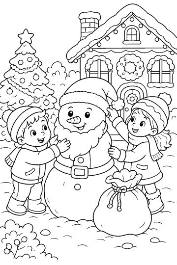 Due bambini accanto a un pupazzo di neve vestito da Babbo Natale, con casa decorata, albero e sacco nella neve.