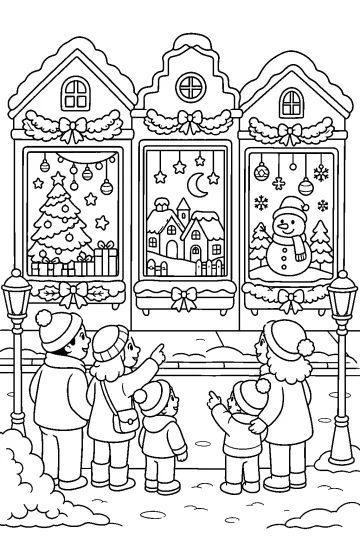Disegno da colorare di tre vetrine natalizie decorate, osservate da adulti e bambini sulla strada innevata.