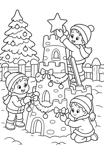 Tre bambini decorano un castello di neve con fiocchi, palline, una stella e un albero di Natale.