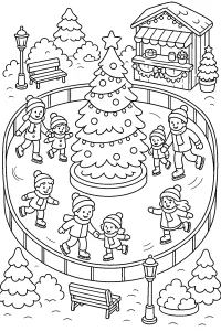 Children Skating Around the Christmas Tree coloring page free PDF