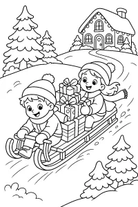 Bambini in slittino con regali di Natale disegno da colorare PDF gratis