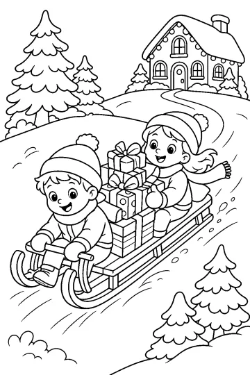 Due bambini su uno slittino con pacchi regalo davanti a una casa e alberi innevati
